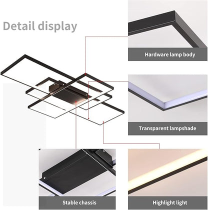 GEADI Modern Large Led Ceiling Light for Living Room,35.4" Black Dimmable Ceiling Lights for Bedroom with Remote Control,3 Rectangular Light Fixtures for Kitchen Dining Room Office, 3000-6500K