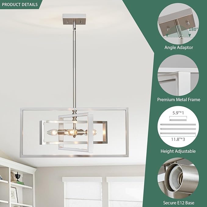 Industrial Chandelier, 5-Light Modern Geometric Ceiling Light Fixture, 22" Adjustable Height Pendant Lighting for Living Room Foyer Entryway Dining Room Brushed Nickel