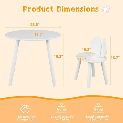 VECELO Kids Table and Chair Set, Oval Table with 2 Bunny Ear Chairs, Perfect for Toddlers Playing and Activities, Snow White