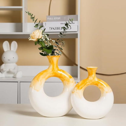 Ceramic Donut Vase Set of 2,Yellow and White Vases for Home Decor,Circle Decorative Vase for Centerpieces,Boho Pampas Vase for Office Wedding Dinner Table Living Room,Modern Flower Vase