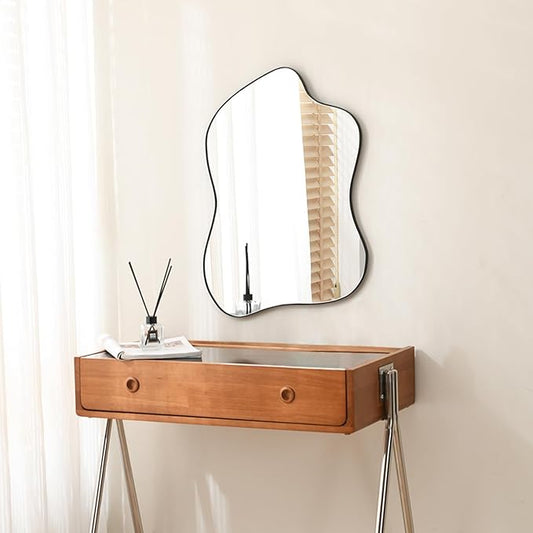 Irregular Wall Mirror Black Wave Shaped Matel Framed Wall Mirror for Bathroom Bedroom Entryway Living Room Wall Decor 24" L x 18" W 2305B