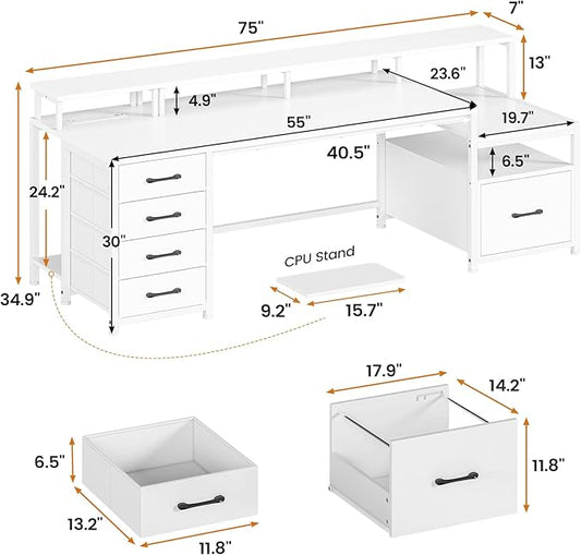 SEDETA White Computer Desk with 5 Drawer & Power Outlet, 75'' Home Office Desk with File Drawer, Storage Shelves, Printer Cabinet and Monitor Shelf, Gaming Desk with Led Lights, 23.6" W Desktop