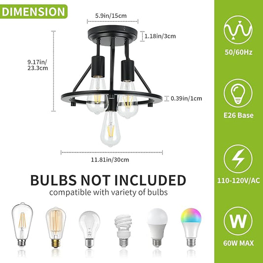 WILON Semi Flush Mount Ceiling Light 3-Light Ceiling Light Fixtures - Black Hallway Light Fixtures Farmhouse Industrial Kitchen Light Fixtures E26 Socket Ceiling Lamp for Foyer