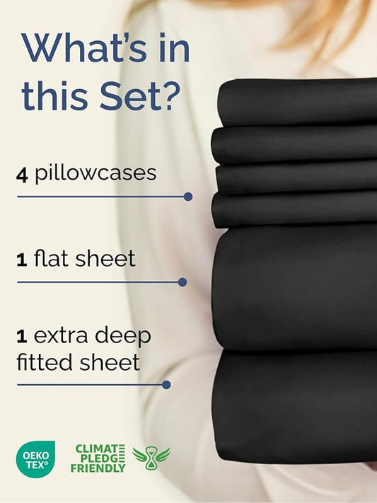 Extra Deep Cal King Sheet Set - 6 Piece Breathable & Cooling Sheets - Hotel Luxury Bed Sheets Set - Easy & Secure Fit - Soft, Wrinkle Free & Comfy Sheets Set - Black Sheet Set with Extra Deep Pockets