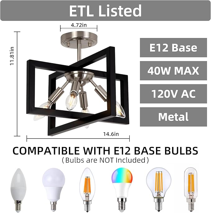 Semi-Flush Mount Ceiling Light - Modern Industrial Light Fixture Black and Brushed Nickel Chandelier,4-Light Farmhouse Ceiling Lamp for Kitchen Foyer Entryway Hallway Bedroom Closet