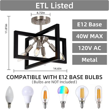 Semi-Flush Mount Ceiling Light - Modern Industrial Light Fixture Black and Brushed Nickel Chandelier,4-Light Farmhouse Ceiling Lamp for Kitchen Foyer Entryway Hallway Bedroom Closet
