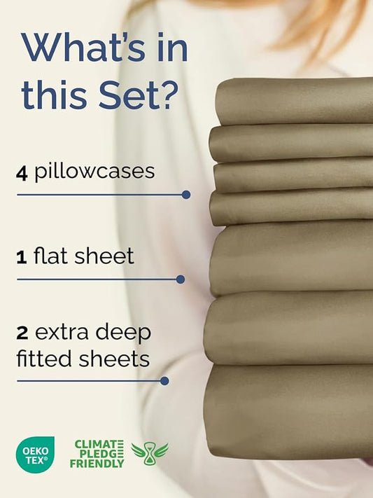 Extra Deep Split King Sheet Set - 7 Piece Breathable & Cooling Sheets - Hotel Luxury Bed Sheets Set - Easy & Secure Fit - Soft, Wrinkle Free & Comfy Sheets Set - Khaki Sheet Set w/Extra Deep Pockets
