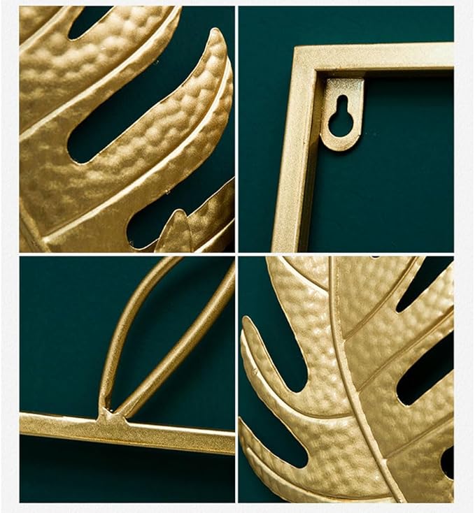 MKUN Set of 2 Iron Wall Sculptures -Gold Metal Leaf Wall Hanging Home Decor with Frame, Modern Luxury Wall Art Decor for Living Room, Bedroom, Office, Hotel, Large 24" X 16" (Gold_A)