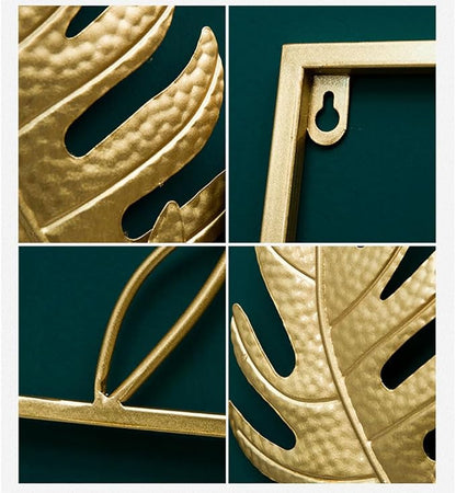 MKUN Set of 2 Iron Wall Sculptures -Gold Metal Leaf Wall Hanging Home Decor with Frame, Modern Luxury Wall Art Decor for Living Room, Bedroom, Office, Hotel, Large 24" X 16" (Gold_A)