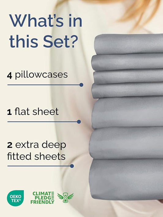 Extra Deep Split King Sheet Set - 7 Piece Breathable & Cooling Sheets - Hotel Luxury Bed Sheets Set - Easy Fit - Soft, Wrinkle Free & Comfy Sheets Set - Steel Blue Sheet Set with Extra Deep Pockets