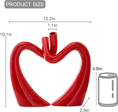 Red Hollow Ceramic Vases for Home Decor, Love Heart Snuggle Vase Set of 2, Modern Nordic Aesthetic Decorative Vase for Table Centerpiece Wedding Decoration (W 11.8" X H 9.8")