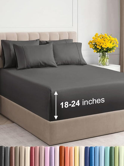 Extra Deep Queen Sheet Set - 6 Piece Breathable & Cooling Sheets - Hotel Luxury Bed Sheets Set - Easy & Secure Fit - Soft, Wrinkle Free & Comfy Sheets Set - Charcoal Sheet Set with Extra Deep Pockets