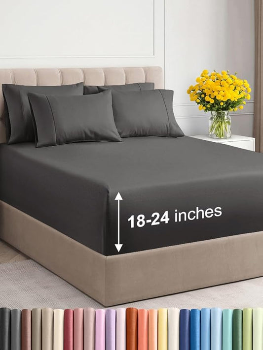 Extra Deep Full Sheet Set - 6 Piece Breathable & Cooling Sheets - Hotel Luxury Bed Sheets Set - Easy & Secure Fit - Soft, Wrinkle Free & Comfy Sheets Set - Charcoal Sheet Set with Extra Deep Pockets