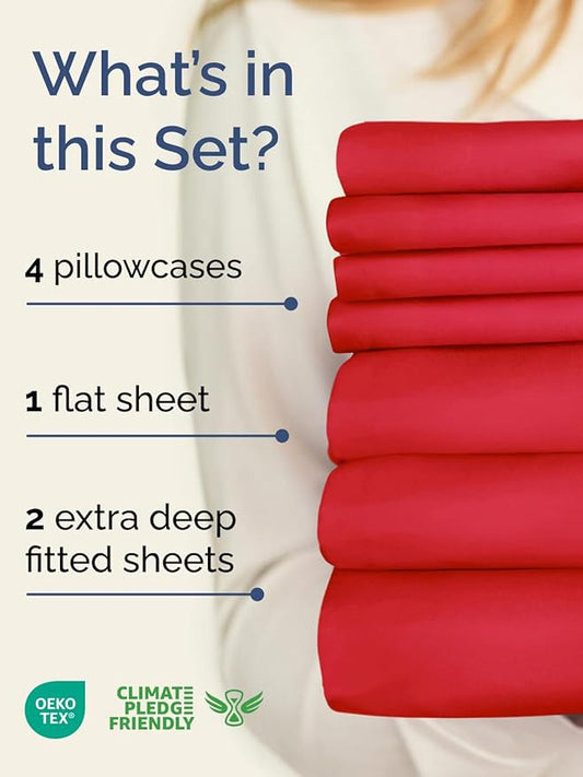 Extra Deep Split King Sheet Set - 7 Piece Breathable & Cooling Sheets - Hotel Luxury Bed Sheets Set - Easy & Secure Fit - Soft, Wrinkle Free & Comfy Sheets Set - Red Sheet Set with Extra Deep Pockets