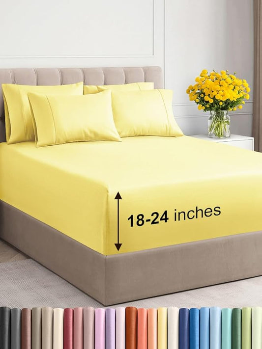 Extra Deep Full Sheet Set - 6 Piece Breathable and Cooling Sheets - Hotel Luxury Bed Sheets Set - Easy & Secure Fit - Soft, Wrinkle Free and Comfy Sheets Set - Yellow Sheet Set with Extra Deep Pockets