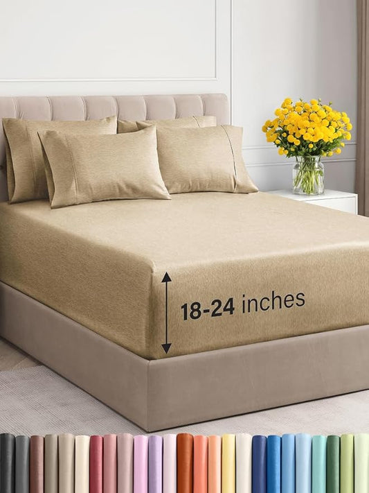 Extra Deep Cal King Sheet Set - 6 Piece Breathable & Cooling Sheets - Hotel Luxury Bed Sheets Set - Easy Fit - Soft, Wrinkle Free & Comfy Sheets Set - Heathered Tan Sheet Set with Extra Deep Pockets