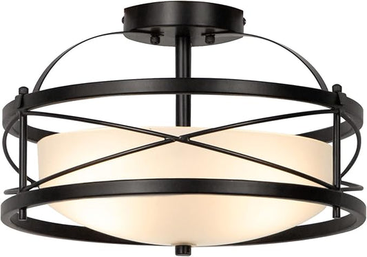 Semi Flush Mount Ceiling Light Fixtures for Farmhouse Hallway Kitchen Retro Vintage Metal Cage Drum Close to Ceiling Light E26 Base Black