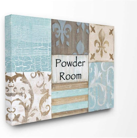 Stupell Industries The Stupell Home Decor Collection Fleur de Lis Powder Room Blue, Brown and Beige Bathroom Canvas Wall Art, 36 x 48, Design by Artist Bonnie Wrublesky