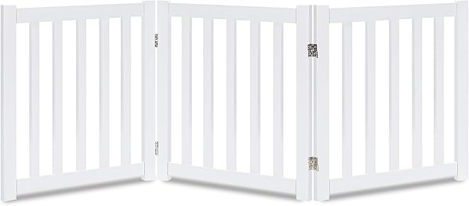 LZRS 3-Panel Wooden Free Standing Foldable Dog Gate – 24" High,Step-Over Safety Pet Gate for Doorways, Stairs, Hallways, Indoor Dog Barrier for Small to Medium Dogs & Puppies, White