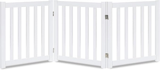 LZRS 3-Panel Wooden Free Standing Foldable Dog Gate – 24" High,Step-Over Safety Pet Gate for Doorways, Stairs, Hallways, Indoor Dog Barrier for Small to Medium Dogs & Puppies, White