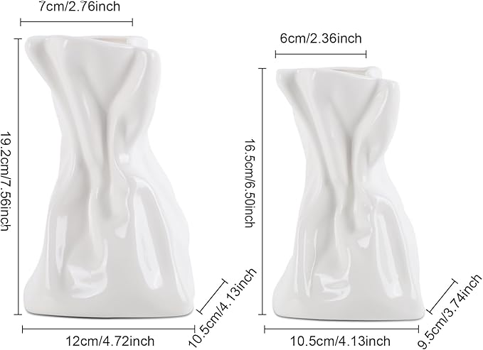 2 PCS Paper Bag Vase, White Ceramic Vase, Irregular Crinkle Flower Vases, Unique Boho Minimalist Art Decorative Vase for Flowers, Modern Home Decor for Room Table Office Wedding Party