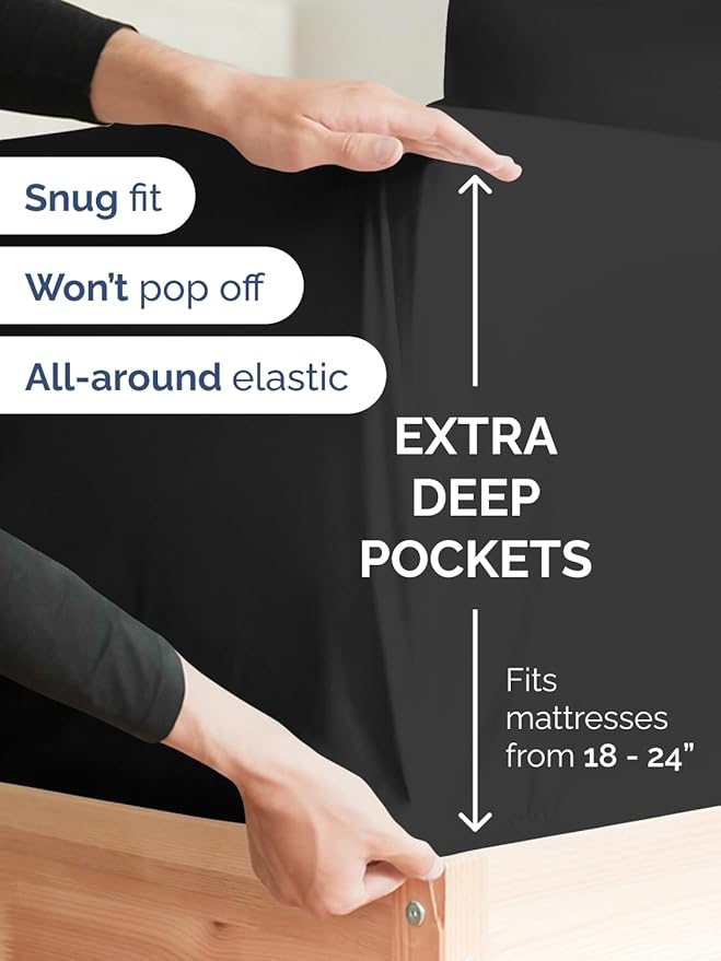Extra Deep Cal King Sheet Set - 6 Piece Breathable & Cooling Sheets - Hotel Luxury Bed Sheets Set - Easy & Secure Fit - Soft, Wrinkle Free & Comfy Sheets Set - Black Sheet Set with Extra Deep Pockets