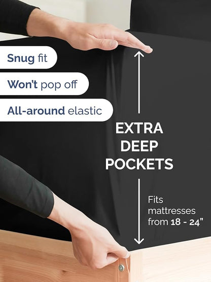 Extra Deep Cal King Sheet Set - 6 Piece Breathable & Cooling Sheets - Hotel Luxury Bed Sheets Set - Easy & Secure Fit - Soft, Wrinkle Free & Comfy Sheets Set - Black Sheet Set with Extra Deep Pockets