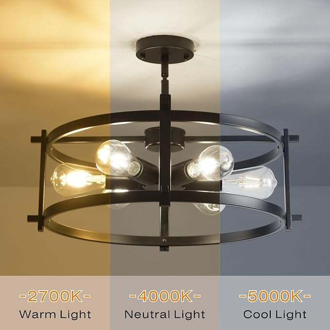 Industrial Semi Flush Mount Ceiling Light,17.72"D x 11.41"H,Black Fixture Ceiling Mount with Modern Style,6-Light Rustic Metal Ceiling Light Fixture for Kitchen,Dining Room, Hallway, Entryway