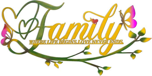 AUHOKY Family Where Life Begins Love Never Ends Word Sign Metal Wall Decor, Black Home Decor Wall Art Decorations, Letters Quotes Sign for Living Room Bedroom Kitchen Indoor Outdoor Decor(17.5 x 9in)