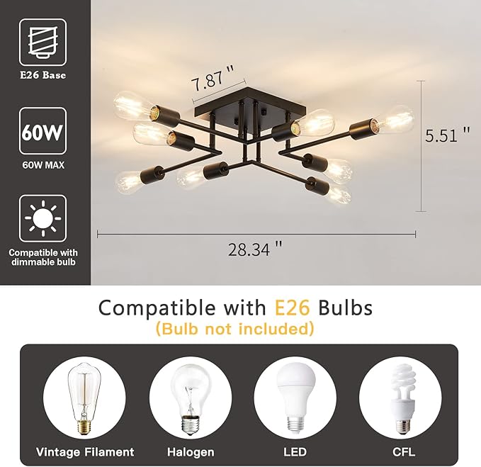 ASGYISA 8-Lights Semi Flush Mount Ceiling Light Fixture Modern Metal Black Sputnik Chandeliers with E26 Bulb Base Close to Ceiling Light for Kitchen Dining Room Living Room Hallway Bedroom