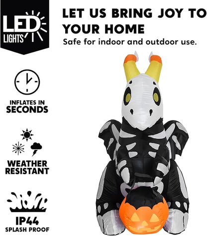 Joiedomi 5 FT Tall Halloween Inflatables Outdoor Decorations, Blow Ups Skeleton Halloween Decor Inflatable Skeleton Dragon with Build-in LEDs for Outside Yard Decorations
