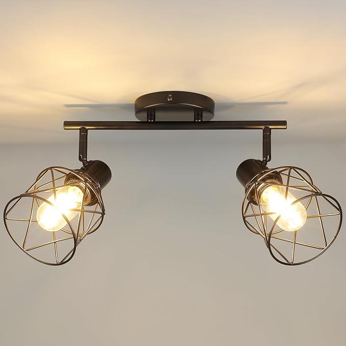 WILON Industrial Track Lighting Fixtures Ceiling, 2 Light Kitchen Ceiling Light Rotatable Spotlight Fixtrues E26 Base Wall Light Fixture, Black Flush Mount Light for Kitchen Hallway Entryway