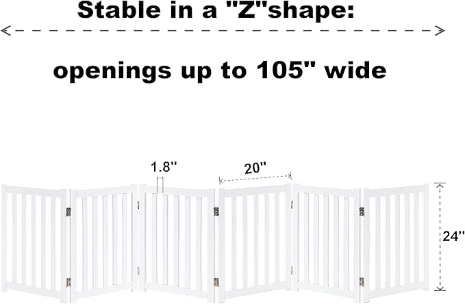 LZRS 6-Panel Extra-Wide Freestanding Wooden Dog Gate – 24”High Foldable Safety Pet Barrier for Doorways, Hallways, Kitchens, and Long Staircases, Durable Design fit Small to Medium Dogs, White