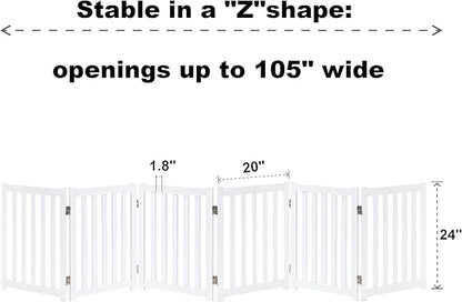 LZRS 6-Panel Extra-Wide Freestanding Wooden Dog Gate – 24”High Foldable Safety Pet Barrier for Doorways, Hallways, Kitchens, and Long Staircases, Durable Design fit Small to Medium Dogs, White