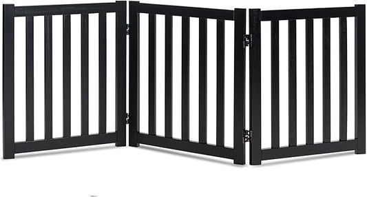 LZRS 3-Panel Wooden Free Standing Foldable Dog Gate – 24" High,Step-Over Safety Pet Gate for Doorways, Stairs, Hallways, Indoor Dog Barrier for Small to Medium Dogs & Puppies, Black