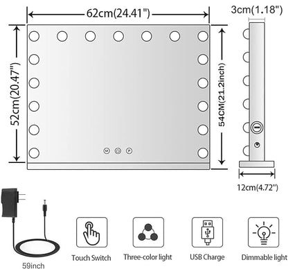 Kottova Large Vanity Mirror with Lights,24.4"x 21.2",Hollywood Vanity Makeup Mirror with 3 Color Lights, 17 LED, USB Charging Port,Detachable 10X Spot Mirror,Touch Control,White