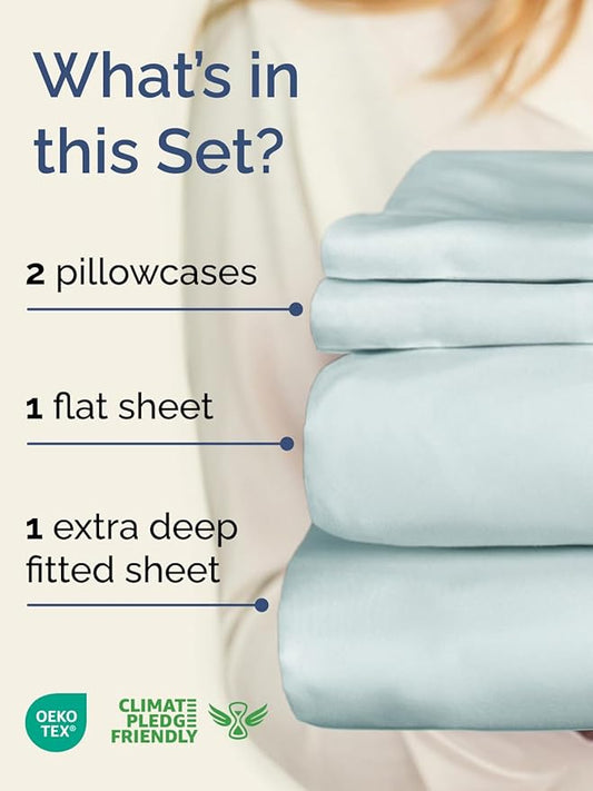 Extra Deep Twin XL Sheet Set - 4 Piece Breathable & Cooling Sheets - Hotel Luxury Bed Sheets Set - Easy & Secure Fit - Soft, Wrinkle Free & Comfy Sheets Set - Ice Blue Sheet Set w/Extra Deep Pockets