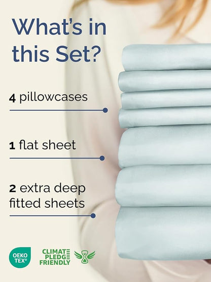 Extra Deep Split King Sheet Set - 7 Piece Breathable and Cooling Sheets - Hotel Luxury Bed Sheets Set - Easy Fit - Soft, Wrinkle Free and Comfy Sheets Set - Ice Blue Sheet Set with Extra Deep Pockets