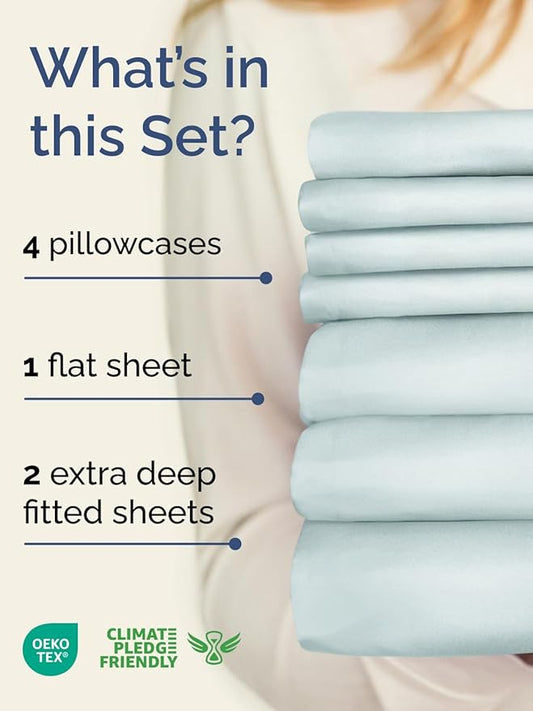 Extra Deep Split King Sheet Set - 7 Piece Breathable and Cooling Sheets - Hotel Luxury Bed Sheets Set - Easy Fit - Soft, Wrinkle Free and Comfy Sheets Set - Ice Blue Sheet Set with Extra Deep Pockets