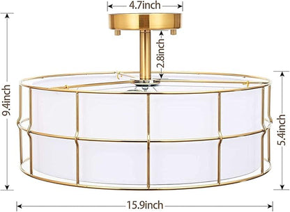 16" Semi Flush Mount Ceiling Light Fixture, 3-Light Golden Metal Mesh Drum Ceiling Light, Modern Close to Ceiling Light Fixtures with White Fabric Shade for Bedroom Living Room Kitchen Hallway