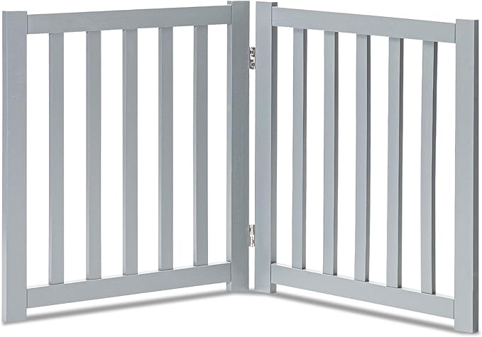 LZRS 2-Panel Wooden Free Standing Foldable Dog Gate – Solid Hardwood 24" High, Step-Over Safety Pet Gate for Doorways, Stairs & Small Spaces - Indoor Use, Grey