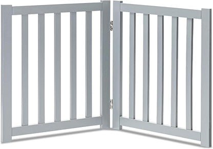 LZRS 2-Panel Wooden Free Standing Foldable Dog Gate – Solid Hardwood 24" High, Step-Over Safety Pet Gate for Doorways, Stairs & Small Spaces - Indoor Use, Grey