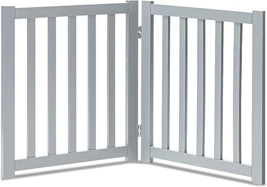 LZRS 2-Panel Wooden Free Standing Foldable Dog Gate – Solid Hardwood 24" High, Step-Over Safety Pet Gate for Doorways, Stairs & Small Spaces - Indoor Use, Grey