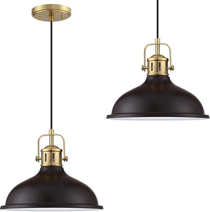 2 Pack 1 Light 12" Pendant Light Industrial Vintage Fixtures Oil Rubbed Bronze Metal Chandelier Light Brushed Bronze Finish,Ceiling Lamp for Kitchen Home Island Dining Room Bedroom Farmhouse