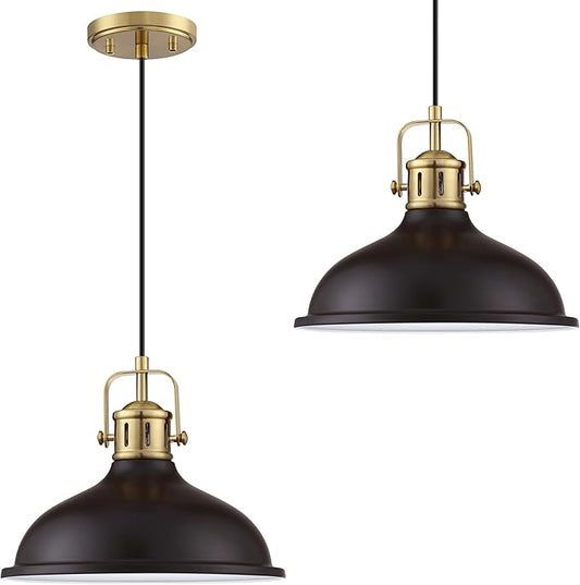 2 Pack 1 Light 12" Pendant Light Industrial Vintage Fixtures Oil Rubbed Bronze Metal Chandelier Light Brushed Bronze Finish,Ceiling Lamp for Kitchen Home Island Dining Room Bedroom Farmhouse