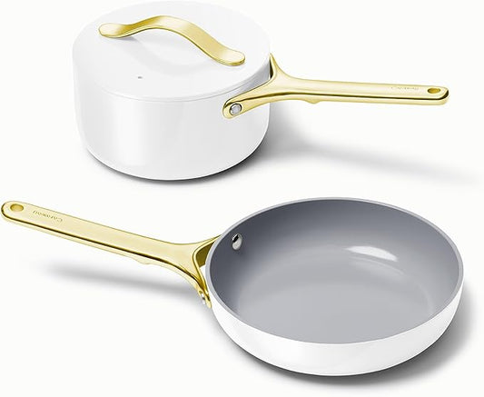 Caraway Mini Cookware Set - Non-Stick Ceramic Fry Pan (1.05 qt, 8") & Sauce Pan (1.75 qt) - Non Toxic, PTFE & PFOA Free - Oven Safe & Stovetop Agnostic (Gas, Electric & Induction) - White
