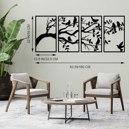 ruelen Wall Decor 4 Pieces Large Metal Birds and Branch Wall Art, Tree of Life Metal Wall Art, Black Leaves with Birds Silhouette Hanging Wall Sculpture For Indoor Home Bedroom Living Room Outdoor