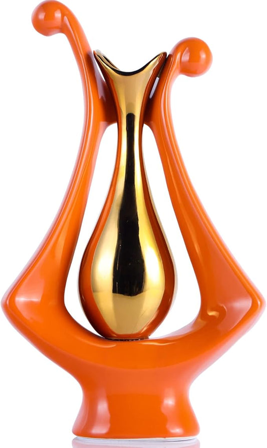 Orange Gold Abstract Art Ceramic Vases for Home Décor Accent,Nordic Modern Minimalist Vases for Flowers,Shelf,Table Centerpieces,Bookshelf,Fireplace Mantle,Rustic,Wedding,Mid Century Décor