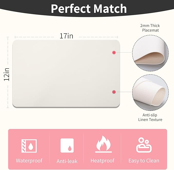 Maxpearl Faux Leather Placemats Set of 4, Waterproof - Wipe Clean - Heat Resistant - Anti Slip Dining Table Place Mats, Suitable for Indoor & Outdoor Use, 17’’×12’’, Ivory White