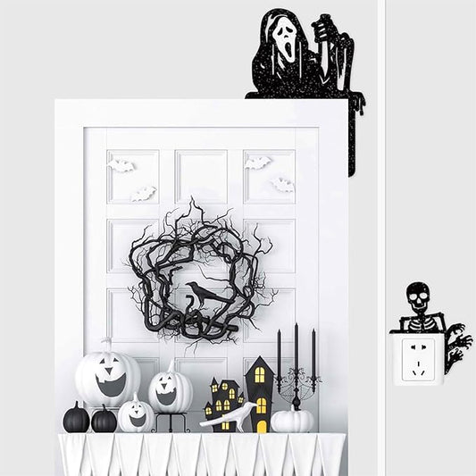 Removable 8 Pack Creative Halloween Switch Decals Black Ghost Skeleton Witch Door Frame Wall Decals Decorative Art Murals for Halloween Living Room Bedroom Bathroom Kitchen Light Switch Decor Decals